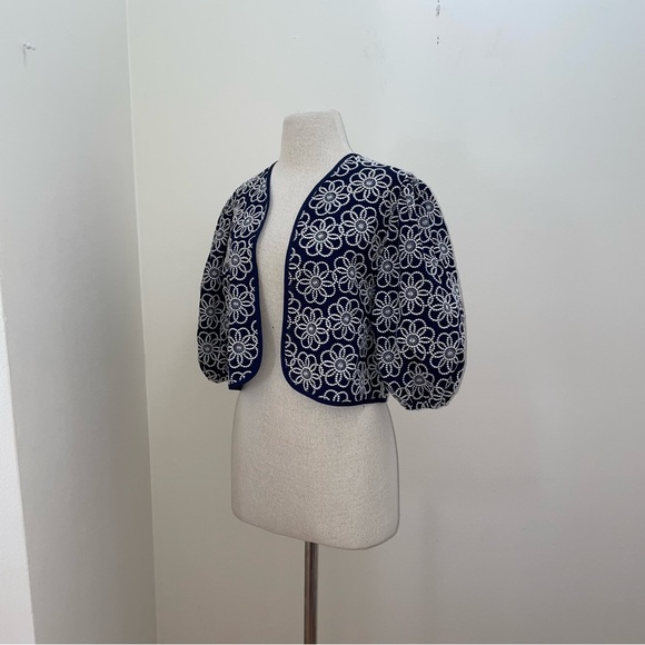 Maeve Anthropologie Navy Embroidery Floral Cropped Draped Shrug Jacket One Size - Picture 12 of 16